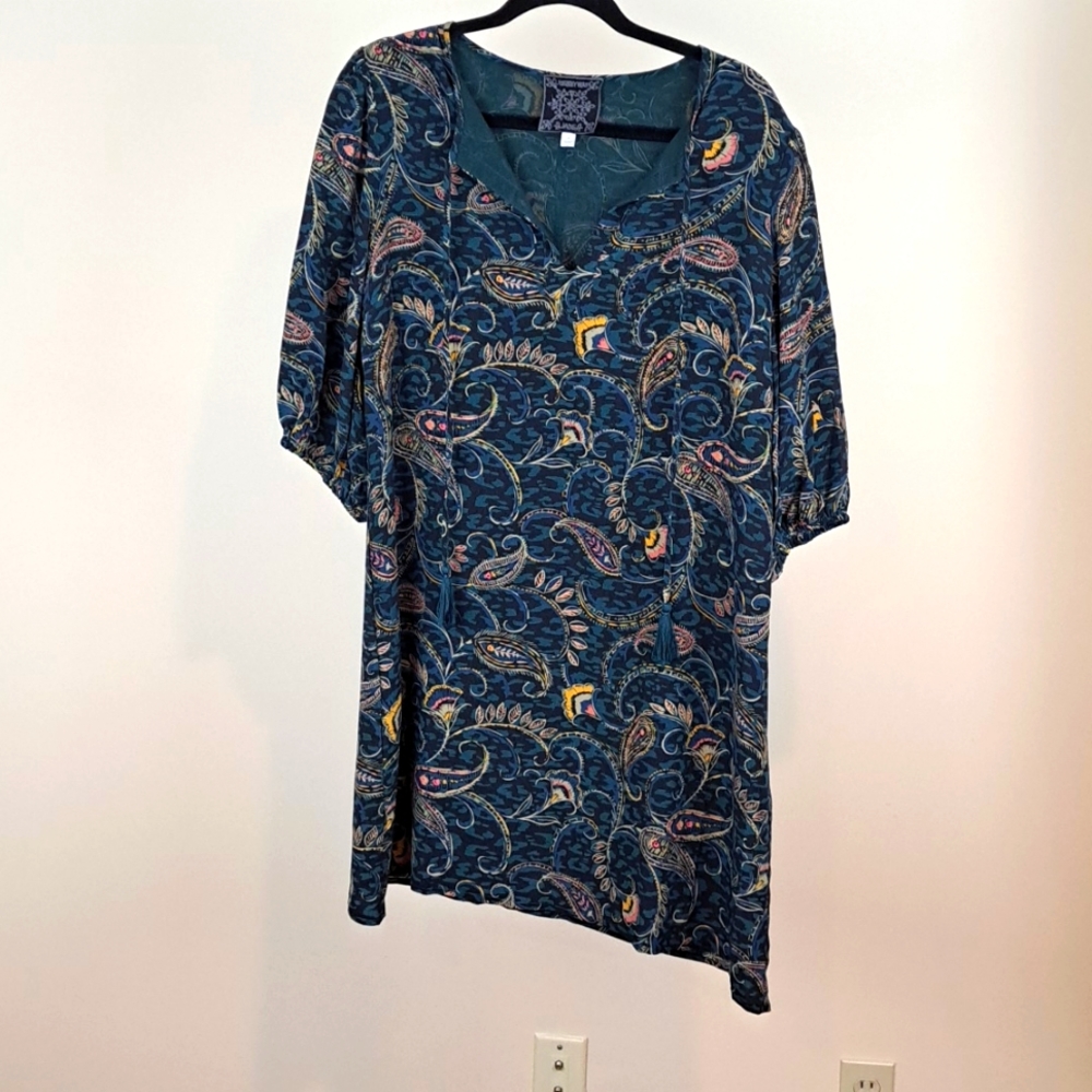 Jade by Johnny Was size S 100% silk elastic sleeves green floral tunic dress